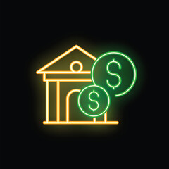 Poster - Glowing neon bank building facade with dollar coins representing banking and financial services