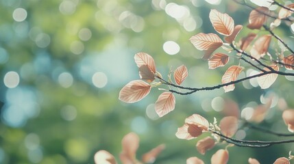  Sunlight filters through delicate, reddish-brown leaves on a tree branch, creating a bokeh effect in the background.