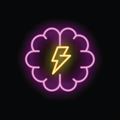 Poster - Glowing neon sign of a brain with a lightning bolt inside, representing the concept of brainstorming