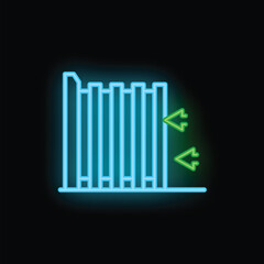Poster - Blue neon icon of bar chart with green down arrows showing negative trend on black background
