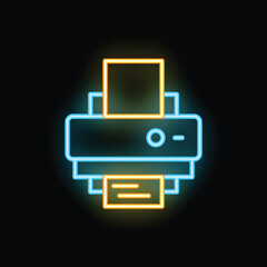 Poster - neon printer icon glowing on a black background, symbolizing printing documents with the paper tray 