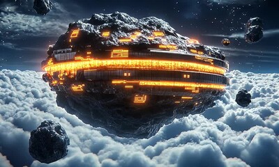 Poster - Futuristic spaceship above clouds, asteroid field