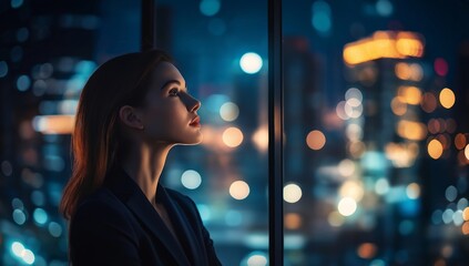 Poster - A reflective and poised business professional finds herself in an urban evening setting, contemplating her career aspirations and future ambitions amidst the vibrant cityscape, radiating confidence