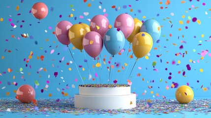 Wall Mural - Colorful balloons and confetti on a pedestal.