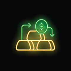 Canvas Print - Neon sign representing money converting into gold bars on black background