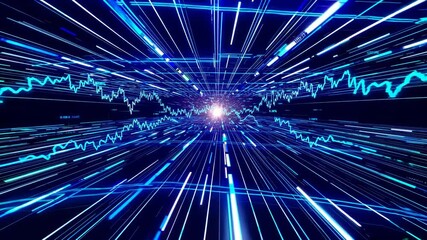 Aufkleber - A futuristic virtual reality environment with glowing stock market chart lines floating in 3D space, vibrant blue and green tones, and dynamic data points illustrating financial growth.
