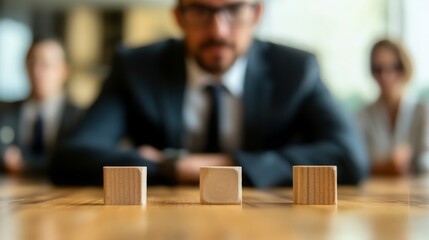 Leinwandbilder - A focused business meeting featuring three wooden blocks on a table, with professionals in suits blurred in the background.