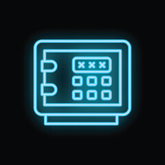Poster - Glowing neon blue safe deposit box with a combination lock on a black background