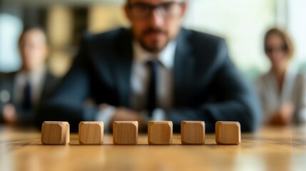 Leinwandbilder - A focused businessman in a suit is positioned in front of a row of wooden blocks, with colleagues blurred in the background, suggesting a meeting or brainstorming session.