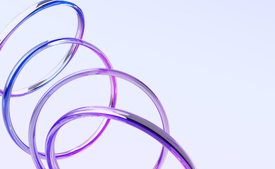 Poster - 3d blue background with glass holographic transparent circle rings. Abstract spiral swirl effect of circular shapes with neon gradient light. Iridescent round frame render tech banner. 3D illustration