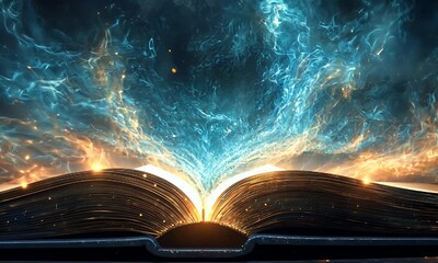 Wall Mural - A mystical book emitting vibrant cosmic energy, symbolizing knowledge and imagination.