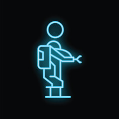 Poster - Blue glowing neon line industrial robot manipulator icon isolated on black background. Vector illustration