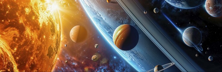 Poster - A vivid representation of a solar system with highlighted sun and surrounding planets, AI generated, AI generated