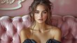 © Doukdouk/imageBROKER - Portrait of an elegant woman with brown hair in an updo, seated on a pink sofa, wearing a black dress in a dreamy and sophisticated setting, AI generated