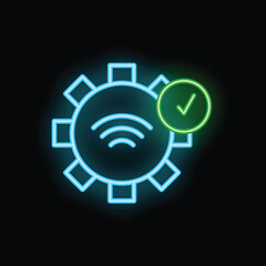 Poster - Neon icon representing a gear with a wifi symbol and a check mark, indicating successful wifi configuration