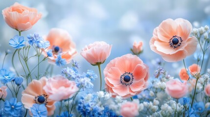 Wall Mural - Peach anemone and blue flowers in soft focus.