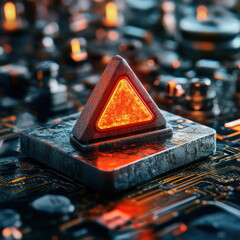 Poster - Illuminated Warning Symbol on Circuit Board blurry backgrounds