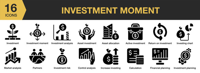 Wall Mural - Investment Moment solid icon set. Includes success, moment, currency, strategy, wealth, and More. Solid icons vector collection.