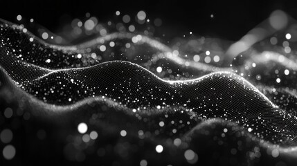 Poster - Vibrant waves emerge from a dark void, sprinkled with countless luminous particles, creating an enchanting visual of abstract interaction and flow