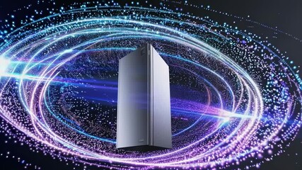 Aufkleber - A futuristic digital cloud server surrounded by glowing nebula-like dust and soft swirling light particles, set against a dark gradient background, symbolizing advanced data storage and connectivity.
