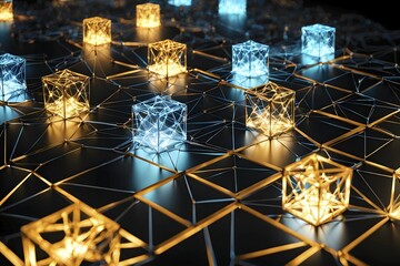 Poster - 3d render of a cluster of interconnected geometric cubes forming a complex network, AI generated