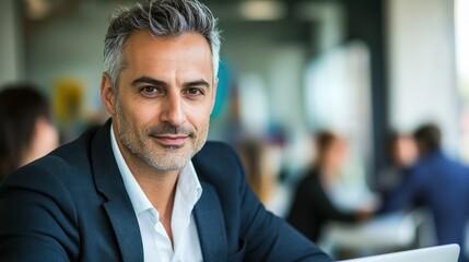 Poster - Professional man smiling at modern office with colleagues