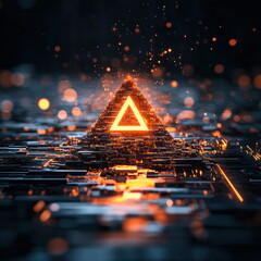 Poster - Intriguing digital pyramid glowing in a dark environment with vibrant particles blurry backgrounds