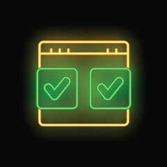 Poster - Neon glowing icon of check marks in browser window representing online survey or completed tasks