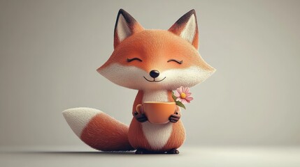 Wall Mural - Cute cartoon fox holding coffee cup and flower.