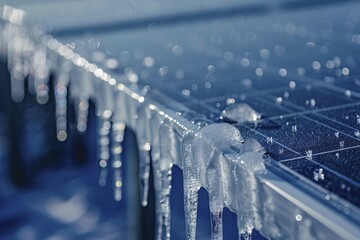 Poster - Close up of frozen photovoltaic solar panel covered in ice. KI generiert, generiert, AI generated