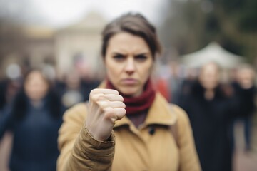 anger, symbolic image, demonstration, woman with raised fist, ai generated