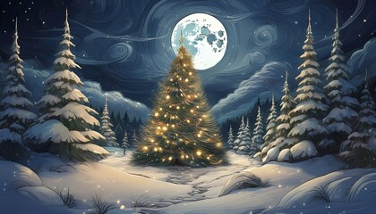 Poster - Illustration of a Christmas tree in a snowy landscape on a starry night with a full moon, AI-generated image, AI generated