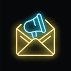 Poster - Open yellow envelope with blue megaphone emerging from it on black background representing email marketing