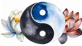 The yin and yang symbol with duality of dark and light, good and evil, ant the lotus flower