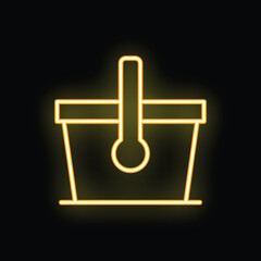 Poster - Neon yellow icon of picnic basket glowing on black background