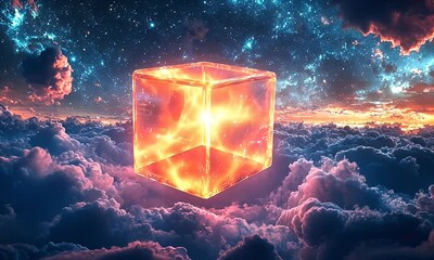 Aufkleber - Fiery Cube Hovers Above Clouds, Cosmic Background, Fantasy Art