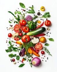 Poster - Vibrant mix of fresh vegetables and herbs on white.