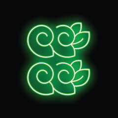 Poster - Green neon light glowing in the dark forming a pattern of spirals and leaves