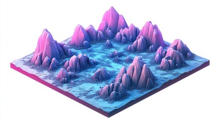 Poster - Vibrant 3D Render of Abstract Mountain Landscape with Colorful Peaks and Water Surface