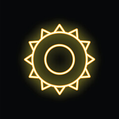 Poster - Neon yellow sun glowing on black background, simple sun icon with sharp rays
