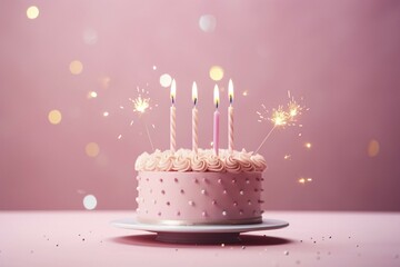 Poster - Pink cream cake with birthday candles and sparklers on pink background. KI generiert, generiert AI generated