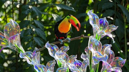 Poster - A toucan surrounded by flowers made of translucent glass, set against a lush jungle background with soft sunlight.
