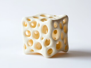 Fototapete - Creamy white porous cube sculpture on white background.