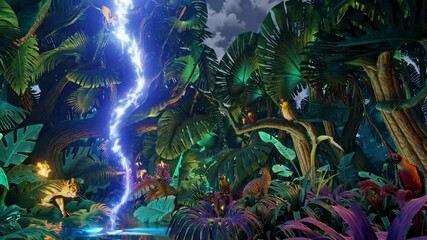 Poster - A surreal jungle landscape with a glowing river that seems to flow upward into the sky, surrounded by curious animals.
