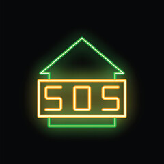 Poster - Glowing neon sos sign over a house shape, conveying a sense of urgency and need for assistance