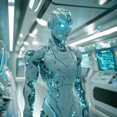 Poster - Futuristic humanoid robot in a high-tech control environment