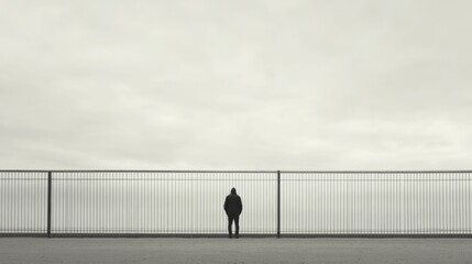 Wall Mural - solitary figure standing behind a fence, gazing at a cloudy sky.