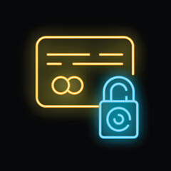 Poster - Neon icon of a credit card with a padlock, representing online payment security