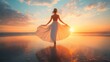 © Almahyra - Woman in white dress enjoying sunset on beach.