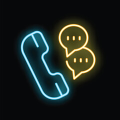 Wall Mural - Glowing neon icon of a phone handset with speech bubbles, representing communication and conversation